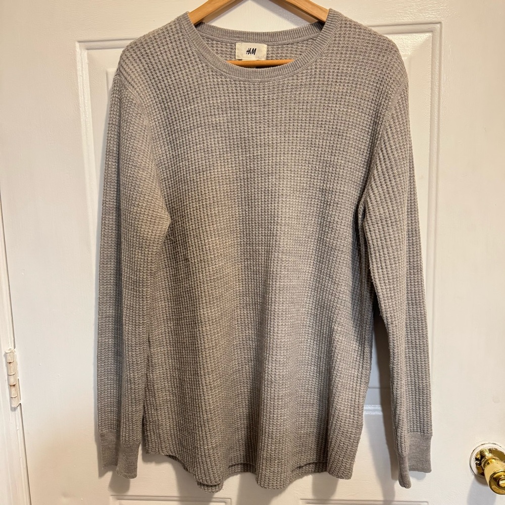H&M Men's Waffle Knit Wool Blend Crewneck Thermal Sweater Business Casual Gray L